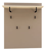 Garderobenpaneel mit Holzablage und schwarzen Haken, frontale Ansicht