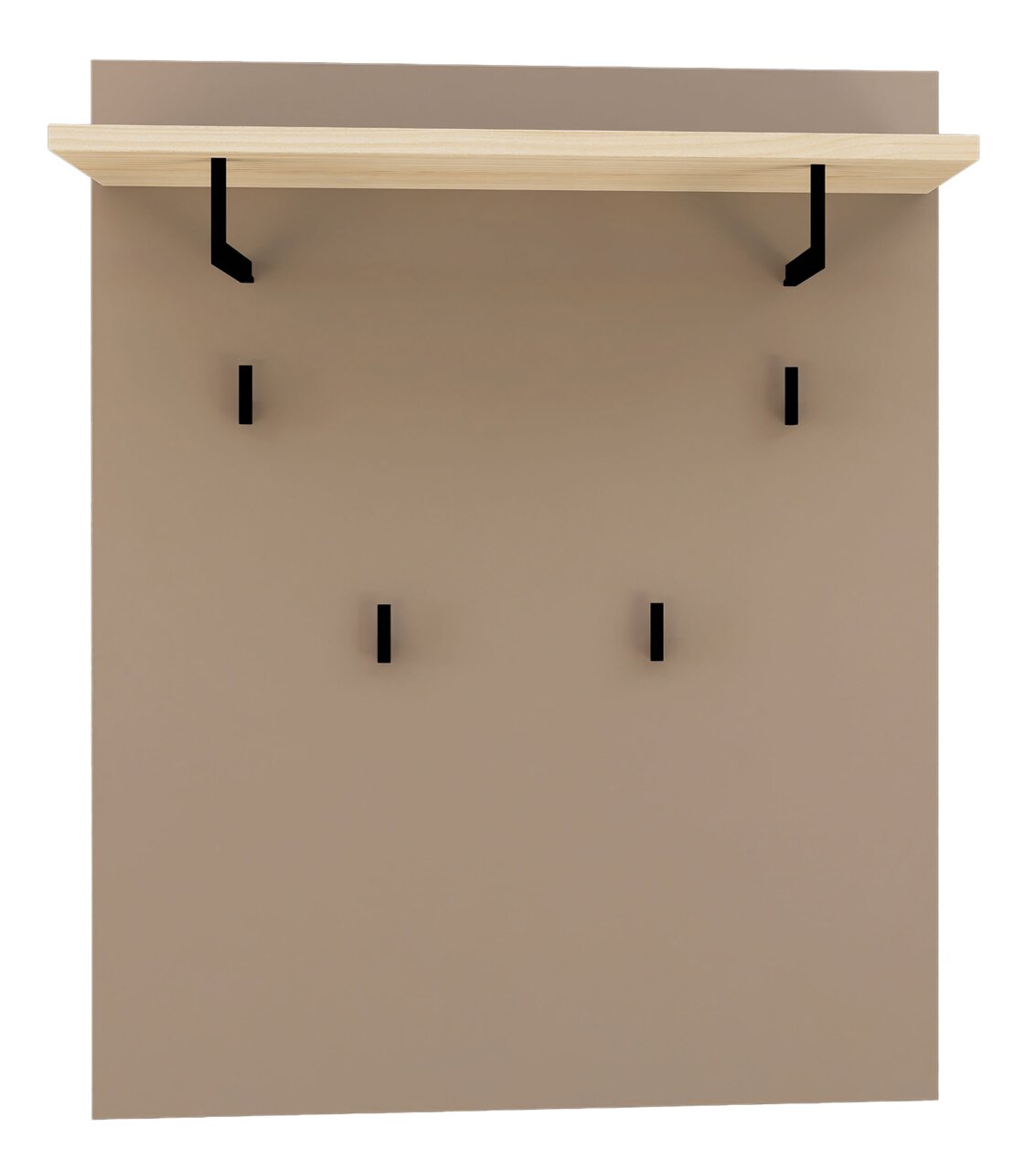 Garderobenpaneel mit Holzablage und schwarzen Haken, frontale Ansicht