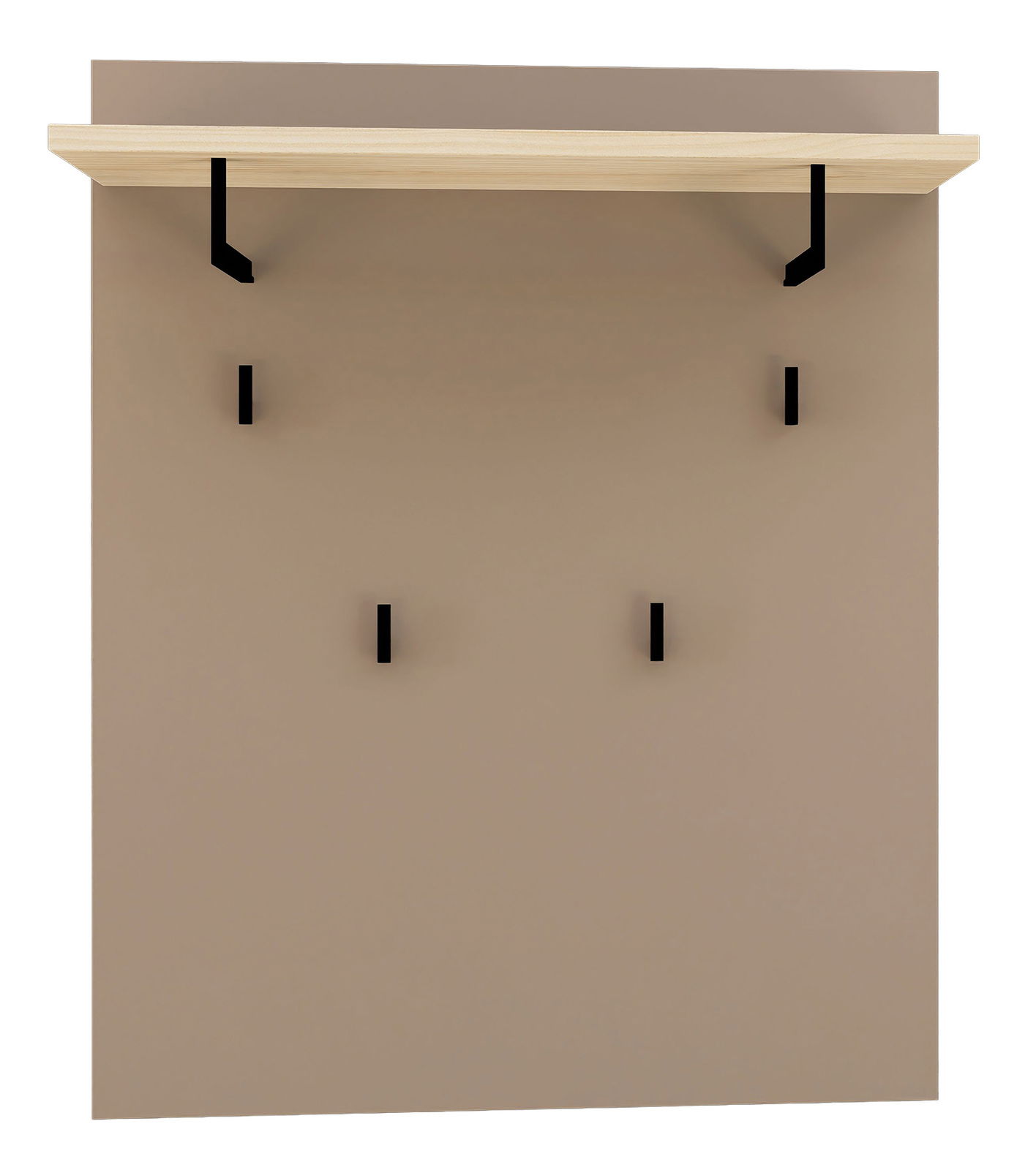 Garderobenpaneel mit Holzablage und schwarzen Haken, frontale Ansicht