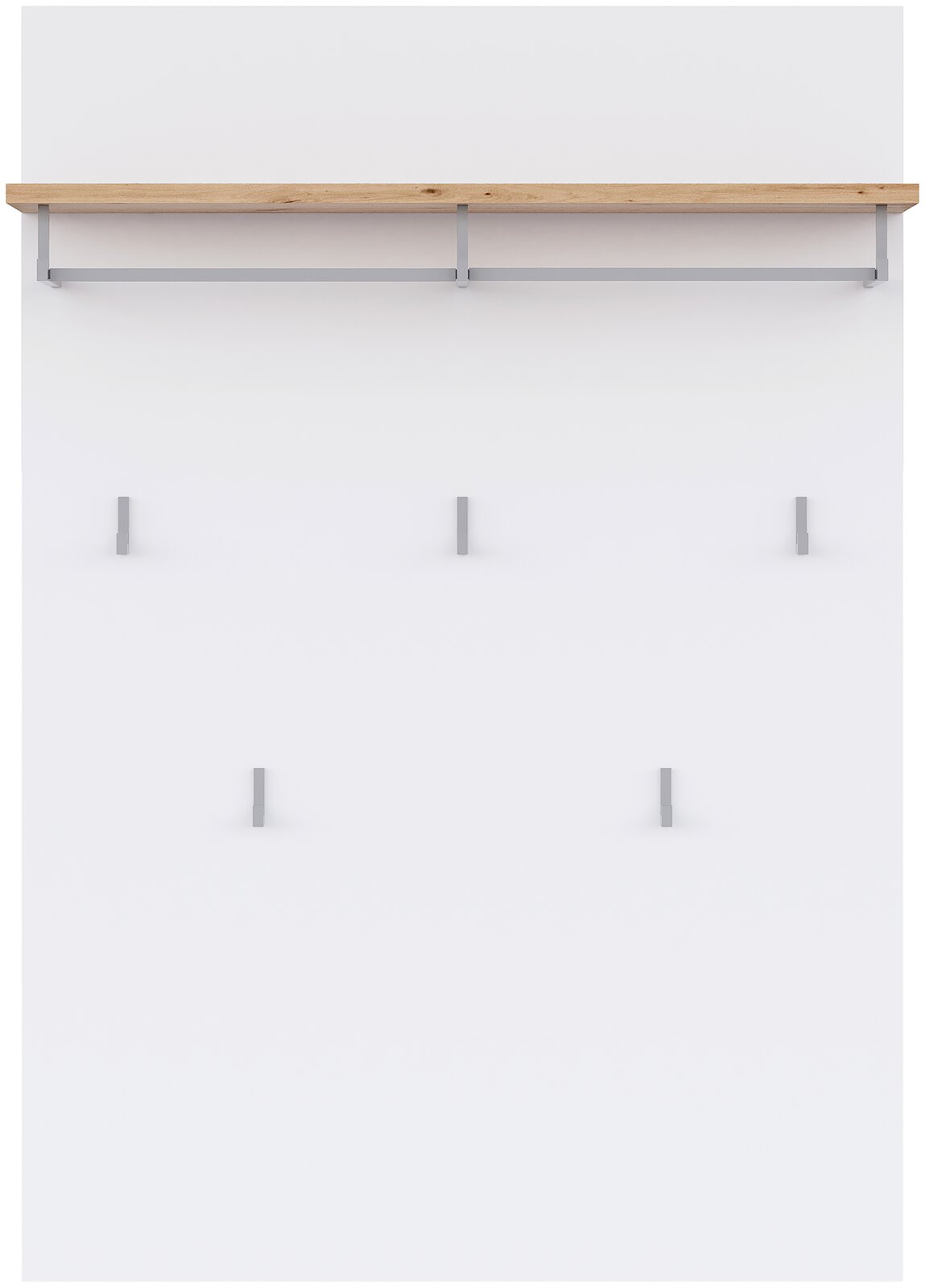 Weiße Wandgarderobe mit Ablage aus hellem Holz und grauen Metallhalterungen sowie fünf Haken, frontal von vorne fotografiert.