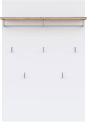 Weiße Wandgarderobe mit Ablage aus hellem Holz und grauen Metallhalterungen sowie fünf Haken, frontal von vorne fotografiert.
