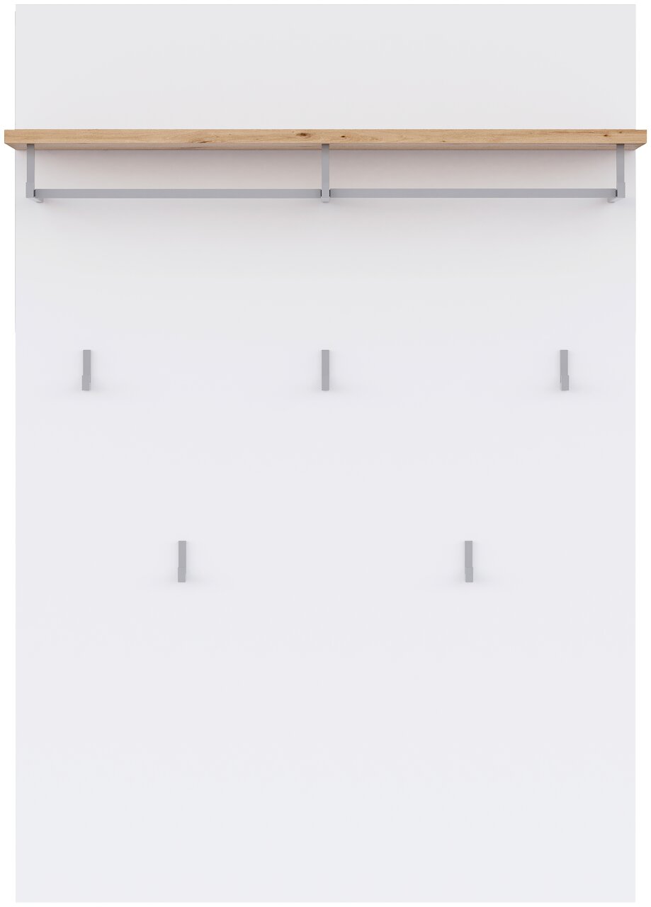 Weiße Wandgarderobe mit Ablage aus hellem Holz und grauen Metallhalterungen sowie fünf Haken, frontal von vorne fotografiert.