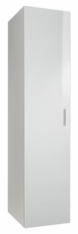 Weißer, schlichter Kleiderschrank mit einer Tür, seitliche Perspektive