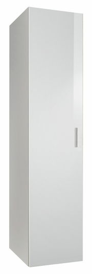 Weißer, schlichter Kleiderschrank mit einer Tür, seitliche Perspektive