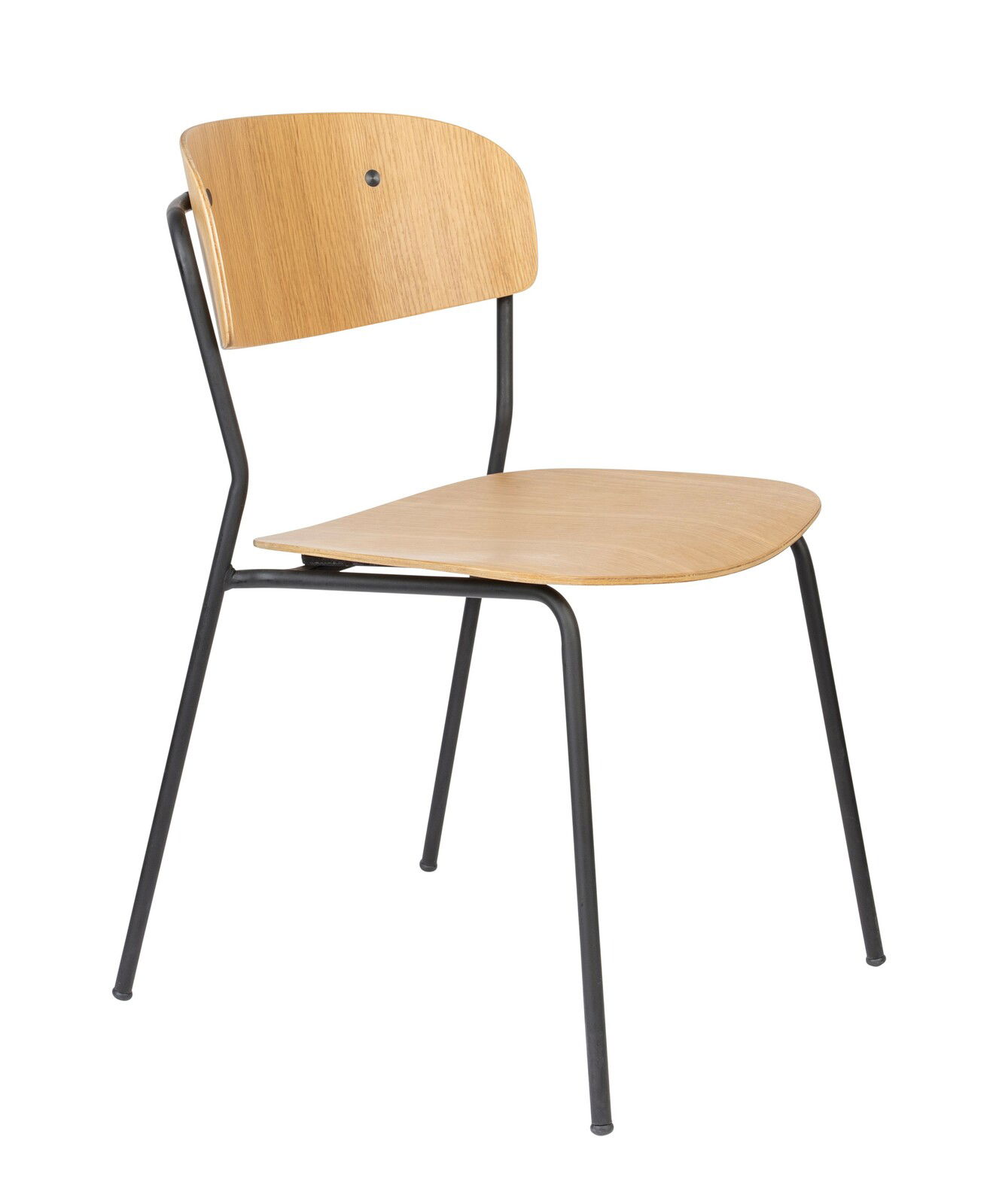 Moderner Stuhl mit Holzsitz und Rückenlehne, schwarzes Metallgestell, seitliche Perspektive