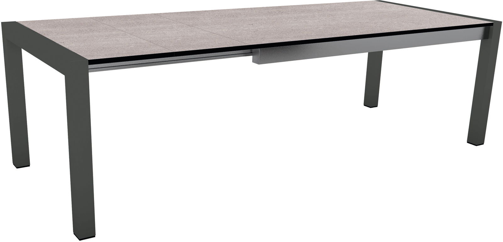 Moderner Gartentisch mit grauer Tischplatte und schwarzem Gestell, seitliche Perspektive