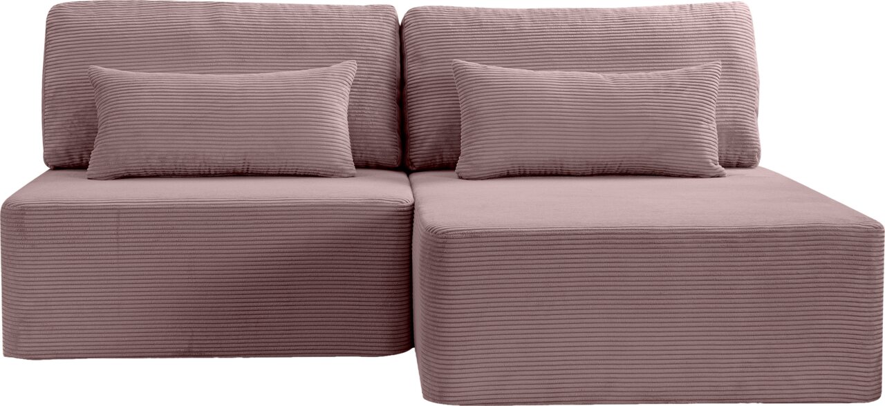 L-förmiges Schlafsofa in Fliederfarbe mit gerippter Textur, Vorderansicht