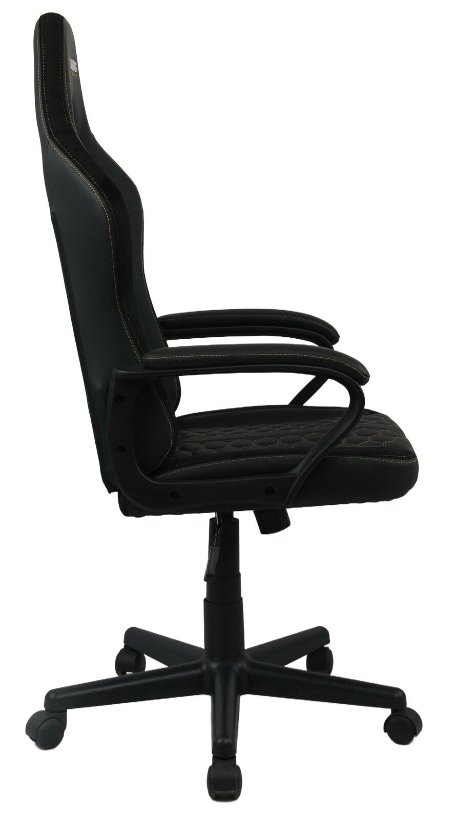 BXGAMING Gaming Stuhl MORTEN Seitliche Ansicht eines schwarzen Gaming-Stuhls mit Armlehnen und Rollen.