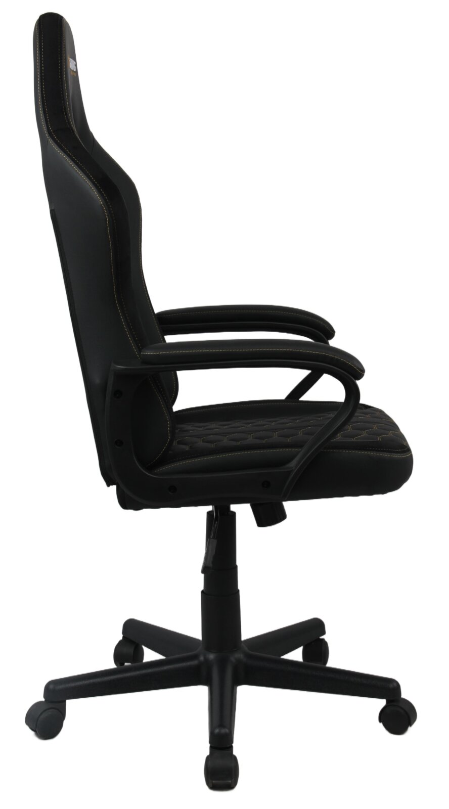 BXGAMING Gaming Stuhl VINCE VINCE Seitliche Ansicht eines schwarzen Gaming-Stuhls mit Armlehnen und Rollen.