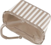 Beige-wit gestreepte, opvouwbare picknicktas met handvat en vak met ritssluiting, bovenaanzicht in schuin perspectief
