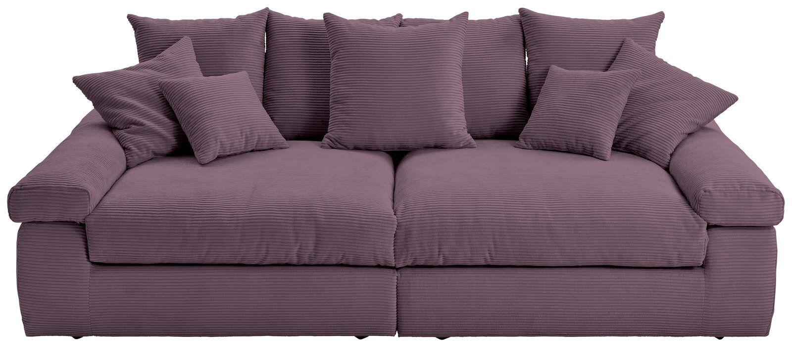 Großes, lila Sofa mit mehreren Kissen, Vorderansicht