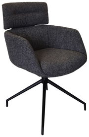 Moderner Armlehnstuhl mit grauem Stoffbezug und schwarzem Metallgestell, seitliche Perspektive