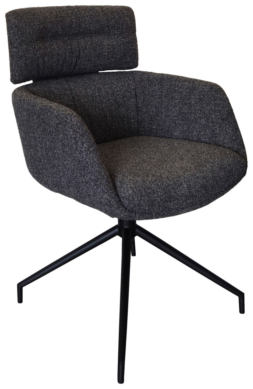 Moderner Armlehnstuhl mit grauem Stoffbezug und schwarzem Metallgestell, seitliche Perspektive