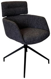 Moderner Armlehnstuhl mit grauem Stoffbezug und schwarzem Metallgestell, seitliche Perspektive