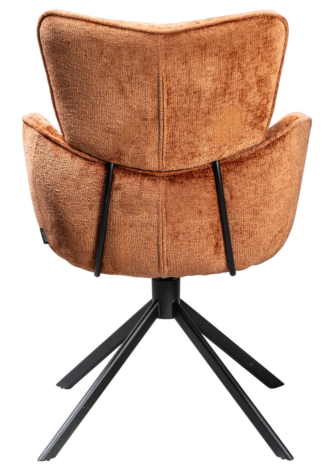 Rückansicht eines Armlehnstuhls mit braunem Stoffbezug und schwarzem Metallgestell.