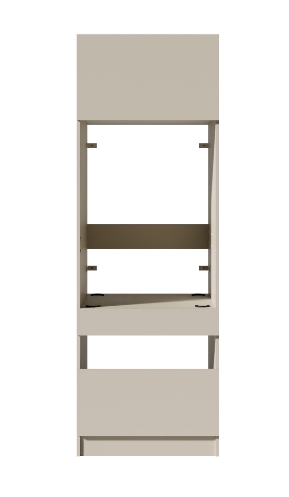 Beige houten kastframe met open middenvak en twee gesloten compartimenten, frontaal aanzicht