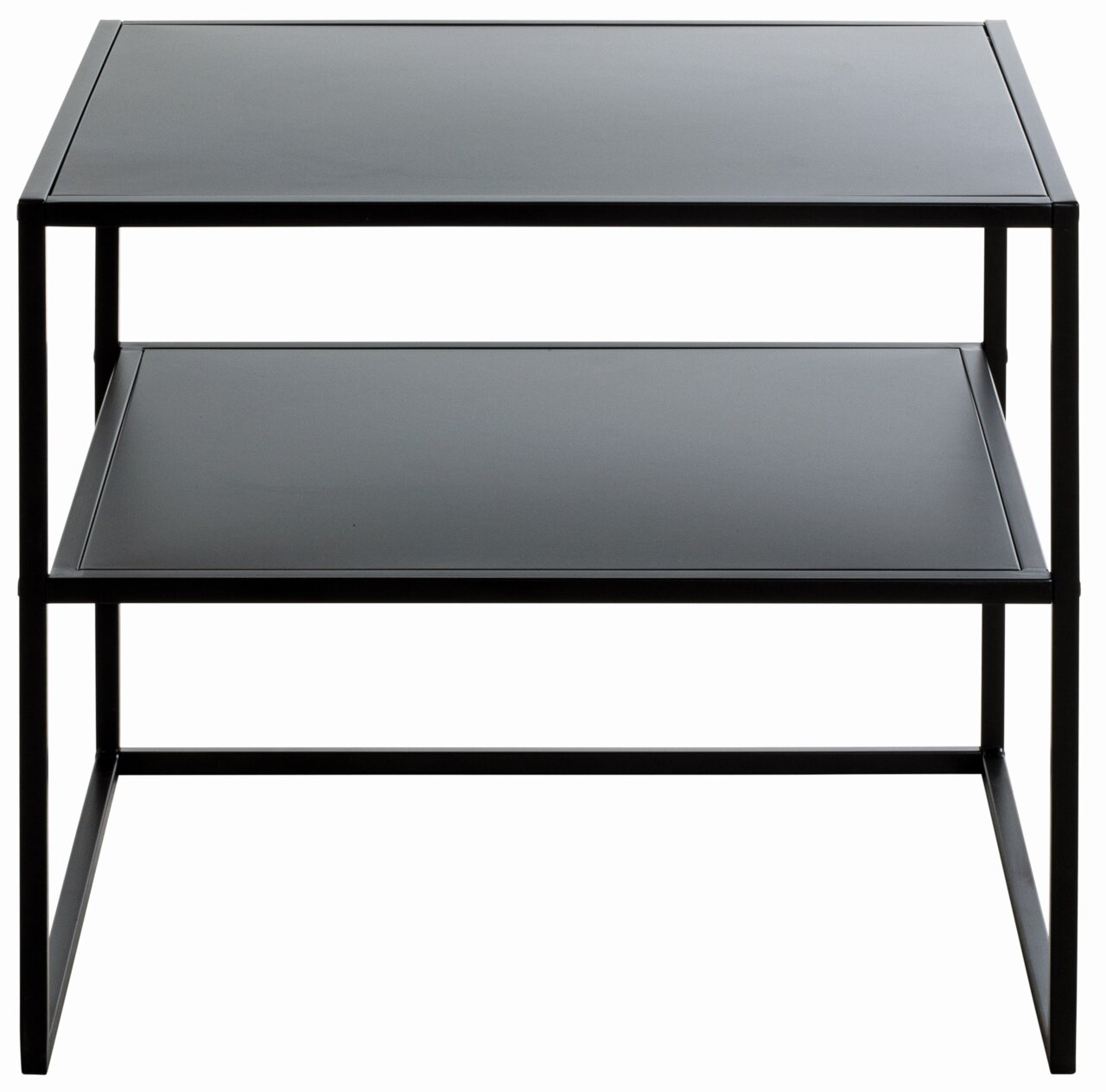 Moderner schwarzer Beistelltisch mit zwei Ebenen, frontal betrachtet.