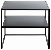 Moderner schwarzer Beistelltisch mit zwei Ebenen, frontal betrachtet.