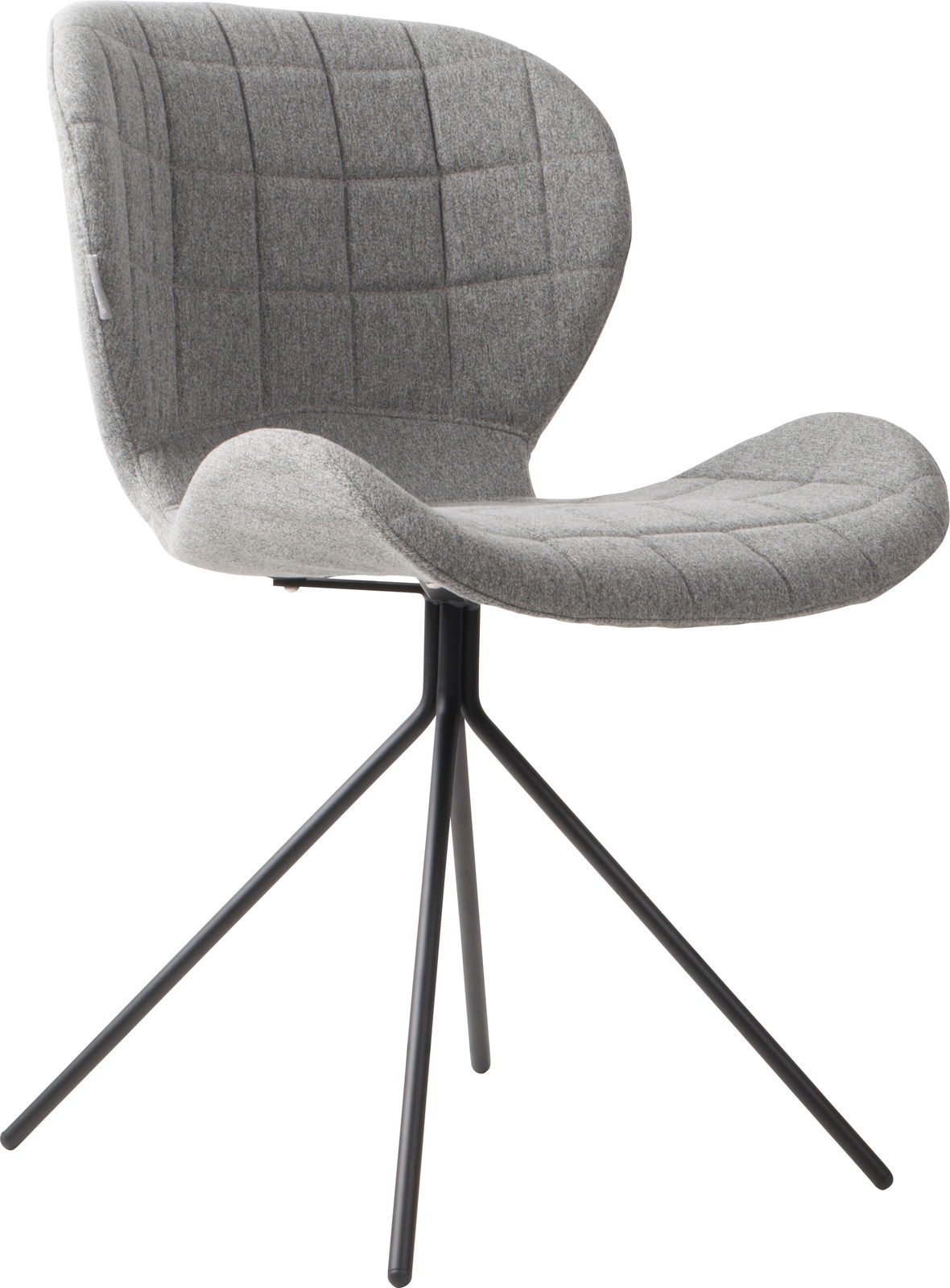 Grauer moderner Stuhl mit gepolsterter Sitzfläche und Rückenlehne, auf schwarzem Metallgestell, seitliche Perspektive