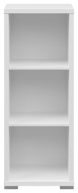 Weißes, schmales Aktenregal mit drei offenen Fächern, frontal betrachtet.