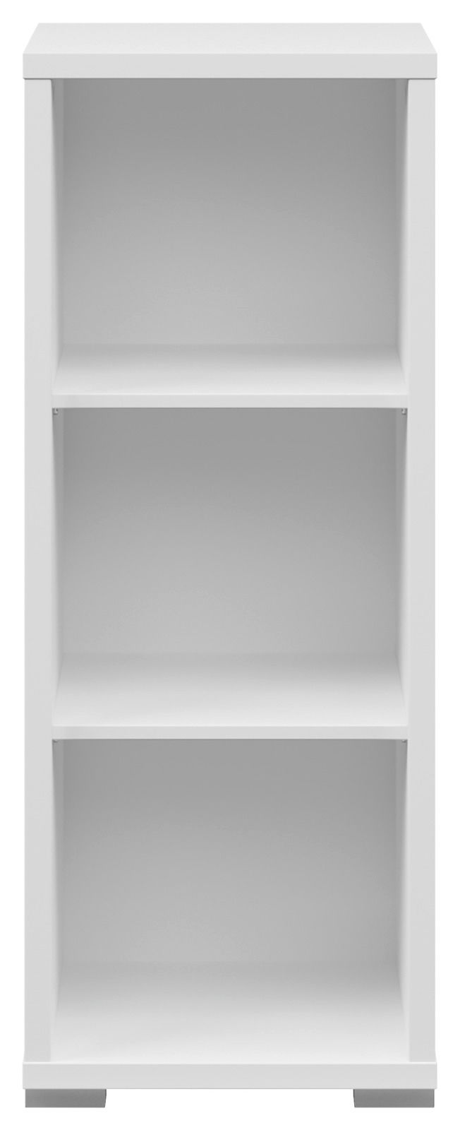 Weißes, schmales Aktenregal mit drei offenen Fächern, frontal betrachtet.