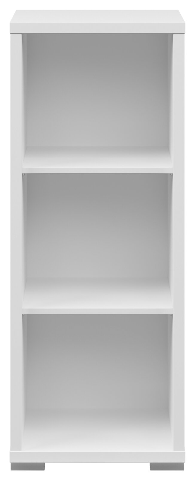 Weißes, schmales Aktenregal mit drei offenen Fächern, frontal betrachtet.