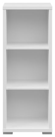 Weißes, schmales Aktenregal mit drei offenen Fächern, frontal betrachtet.