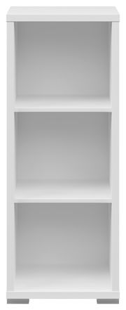 Weißes, schmales Aktenregal mit drei offenen Fächern, frontal betrachtet.