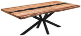 Moderner Esstisch aus Holz mit schwarzem Harzstreifen und gekreuzten Metallbeinen, seitliche Perspektive