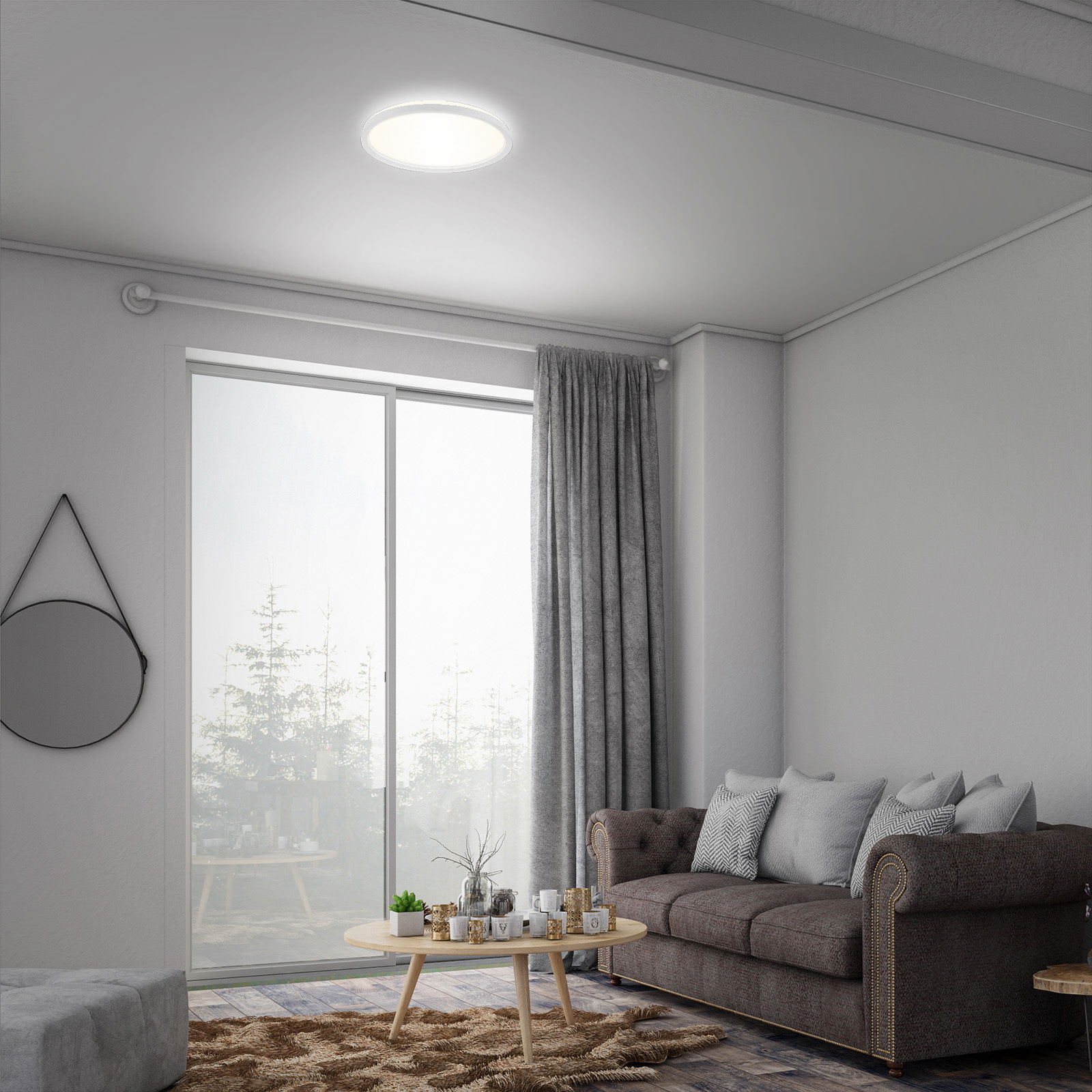 Moderne LED-Deckenleuchte in einem stilvollen Wohnzimmer, von unten betrachtet.