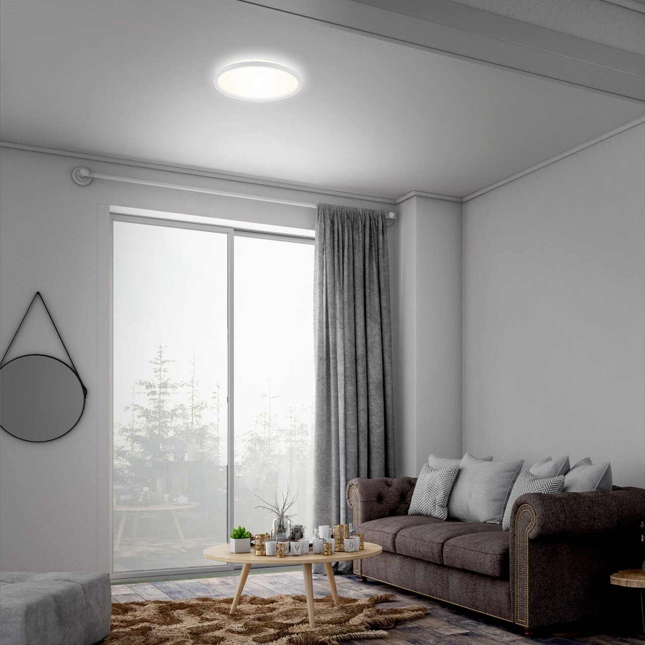 Moderne LED-Deckenleuchte in einem stilvollen Wohnzimmer, von unten betrachtet.
