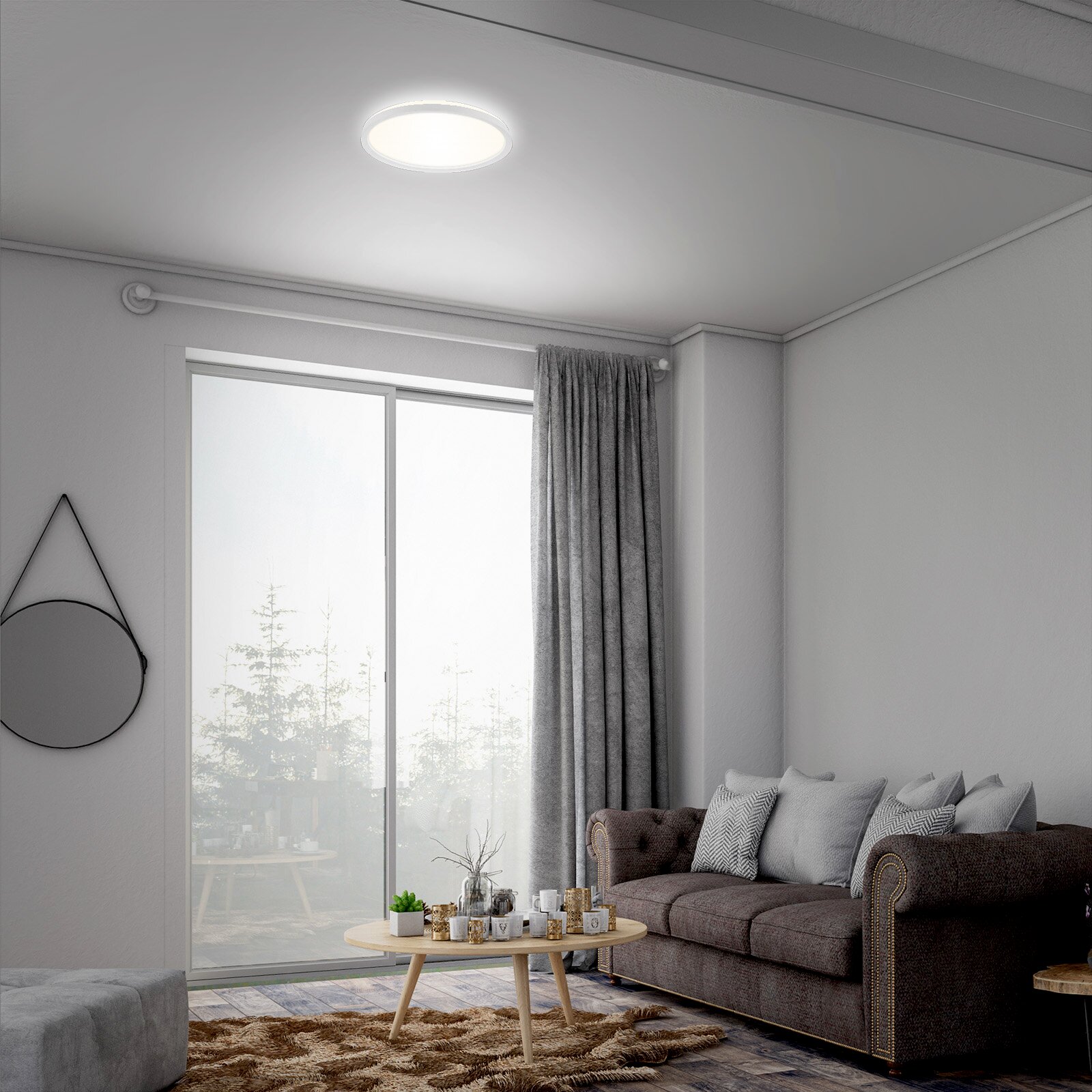 Moderne LED-Deckenleuchte in einem stilvollen Wohnzimmer, von unten betrachtet.