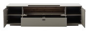 Modernes Sideboard in Grau mit Holzrückwand, geöffneten Seitentüren und ausgezogener großer Schublade, Frontansicht auf weißem Hintergrund