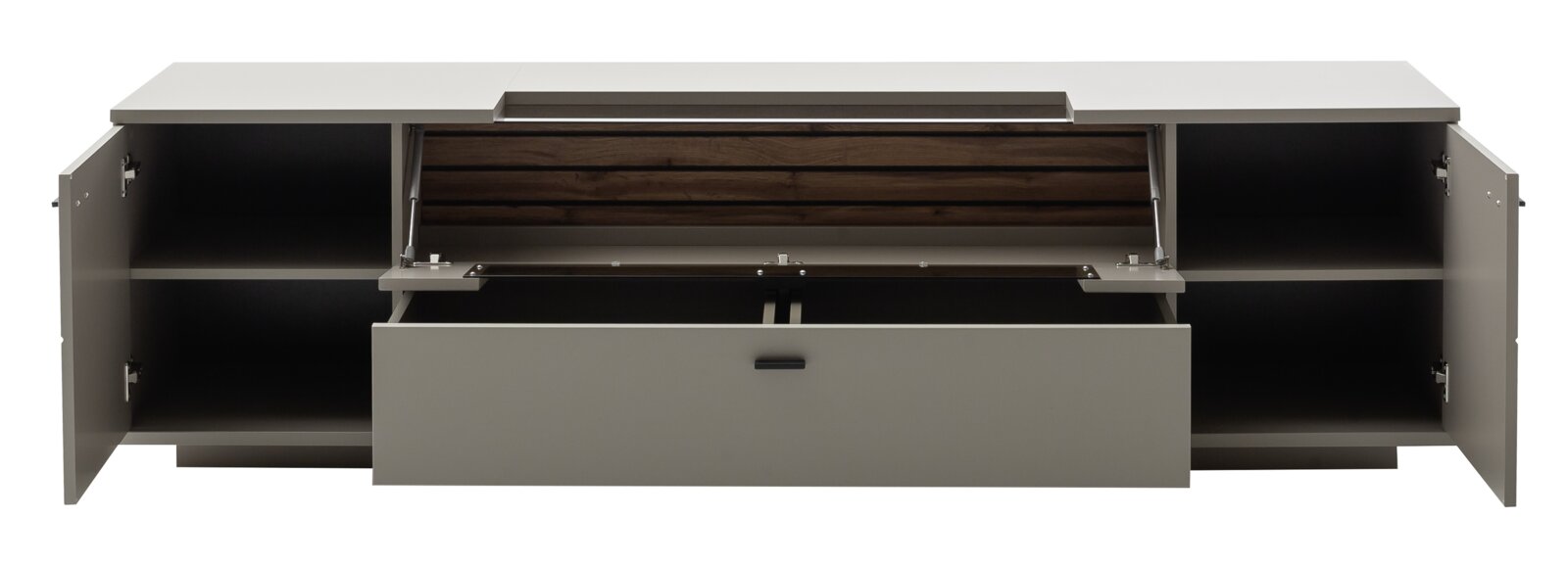 Modern dressoir in grijs met houten achterwand, open zijdeuren en een grote uitschuifbare lade, vooraanzicht op een witte achtergrond