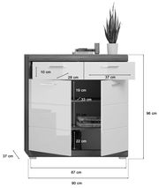 Frontale Ansicht eines modernen Garderobenschranks mit zwei Schubladen und zwei Türen, Maße: 90 cm Breite, 96 cm Höhe, 37 cm Tiefe, mit Dekoration oben.