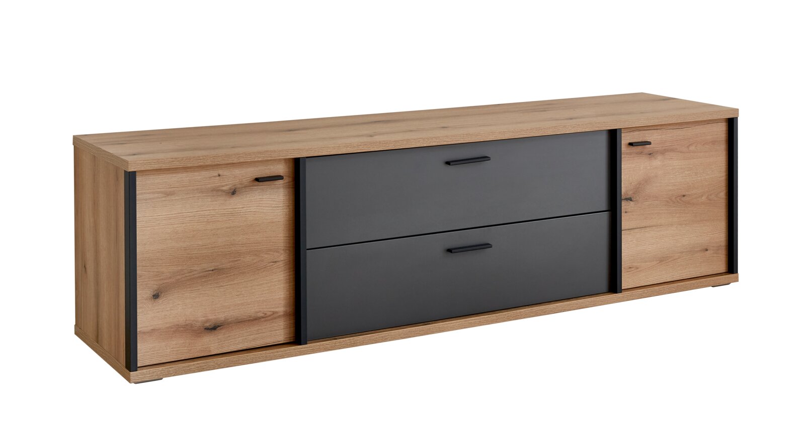 XORA Lowboard MELO Modernes TV-Lowboard in Holzoptik mit zwei grauen Schubladen und zwei seitlichen Türen mit schwarzen Griffen, freigestellt vor weißem Hintergrund, perspektivische Ansicht schräg von vorn.