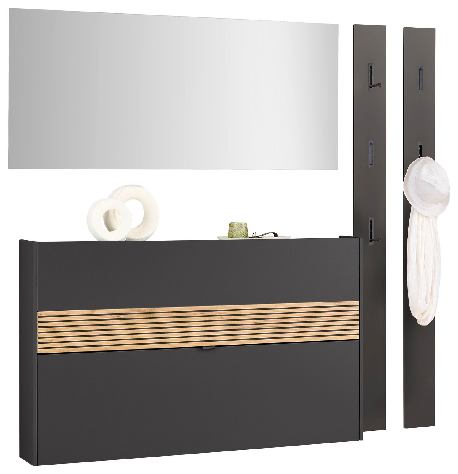 Garderoben-Set in Graphit mit Spiegel, zwei vertikalen Paneelen mit Haken und einem horizontalen Schrank mit Holzstreifen, frontal betrachtet.