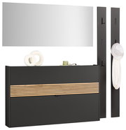 Garderoben-Set in Graphit mit Spiegel, zwei vertikalen Paneelen mit Haken und einem horizontalen Schrank mit Holzstreifen, frontal betrachtet.