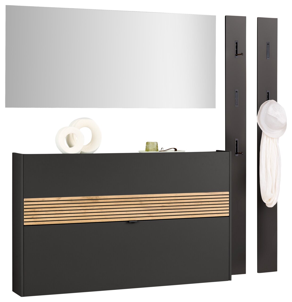 Garderoben-Set in Graphit mit Spiegel, zwei vertikalen Paneelen mit Haken und einem horizontalen Schrank mit Holzstreifen, frontal betrachtet.