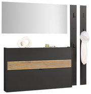 Garderobegarnituur in grafiet met spiegel, twee verticale panelen met haken en een horizontale kast met houten latten, gezien vanaf de voorkant.