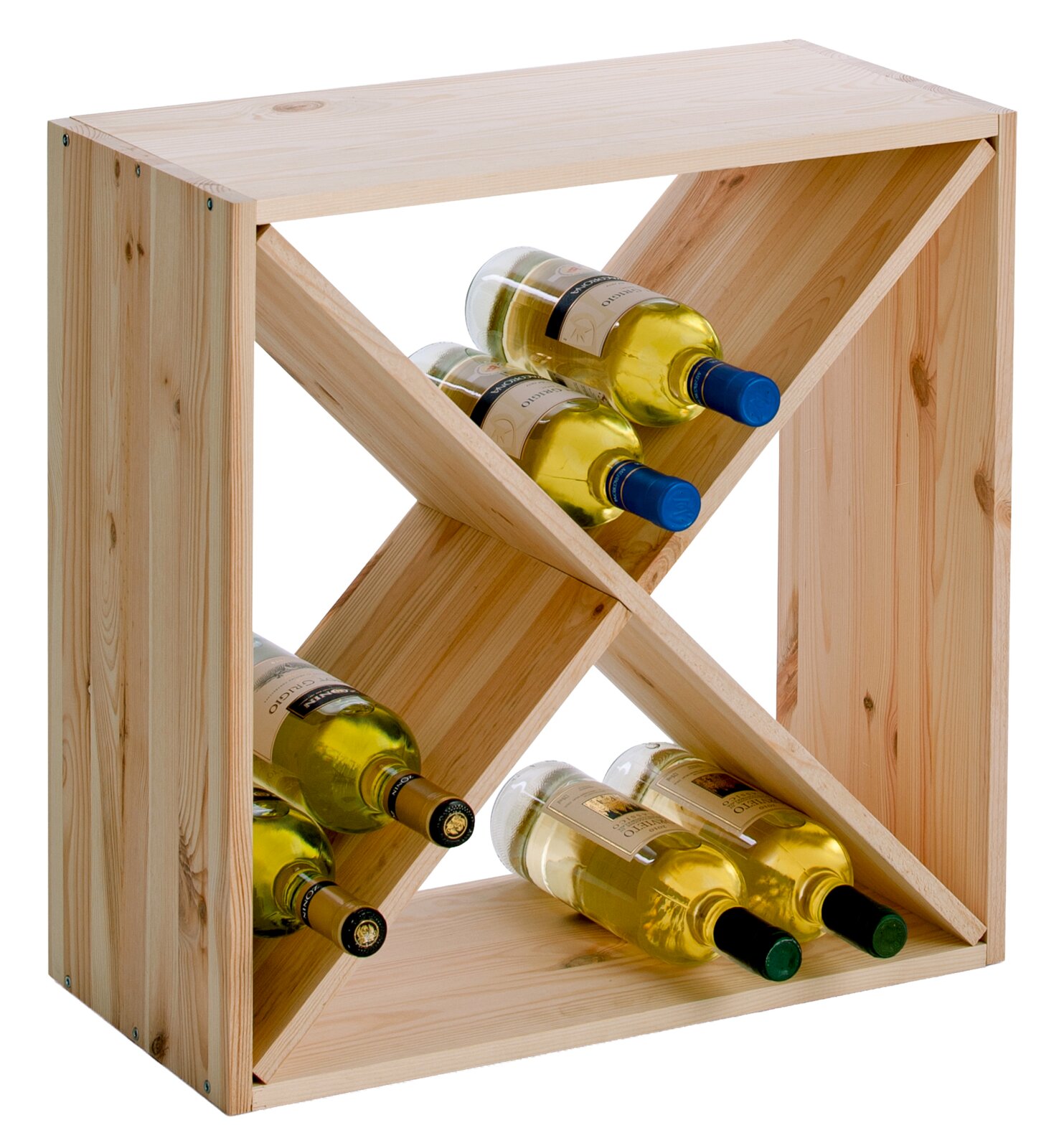 Weinregal aus Holz mit X-förmigen Fächern, gefüllt mit Weinflaschen, seitliche Perspektive