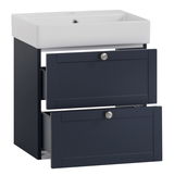 Waschtisch-Set mit zwei Schubladen in dunklem Blau, seitliche Perspektive