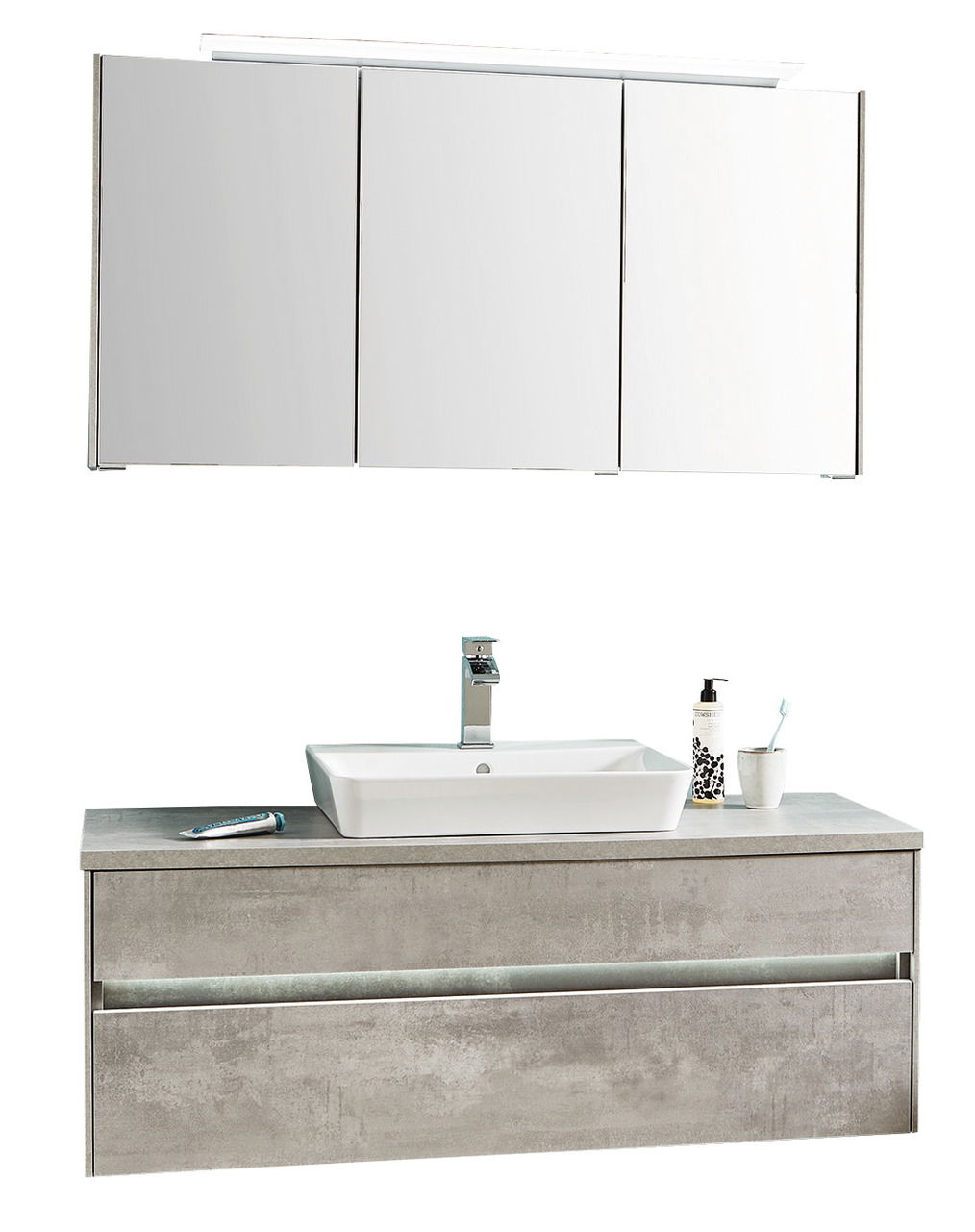 Novel Badkombination 3-tlg. NV.063 Moderne Badkombination mit dreiteiligem Spiegelschrank und Waschtisch in Betonoptik, Frontalansicht