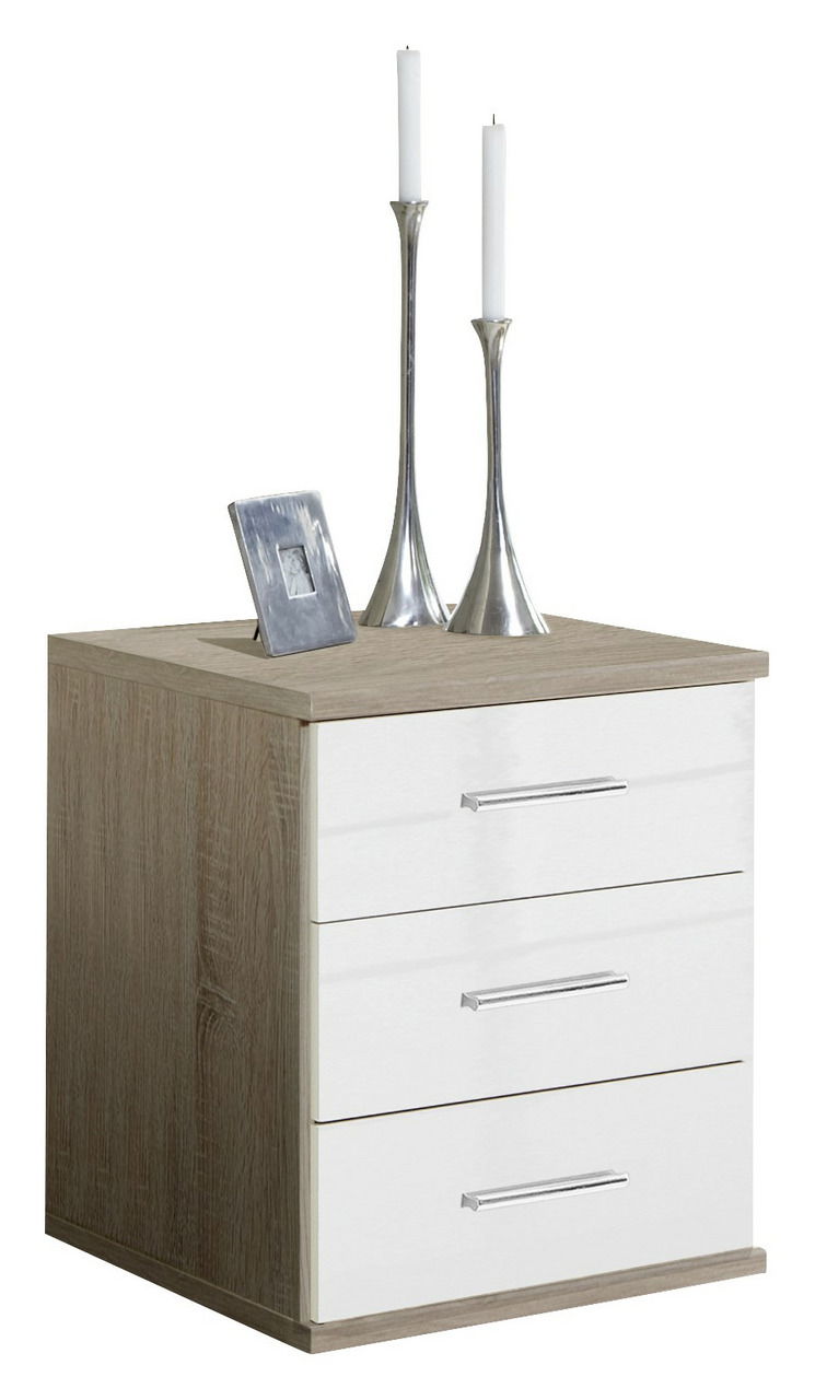 XORA Schubkastenkommode MALTA Schubkastenkommode mit drei Schubladen, Holzoptik und weißen Fronten, dekoriert mit zwei silbernen Kerzenhaltern und einem Bilderrahmen, seitliche Perspektive