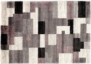 Frisé-Teppich mit geometrischem Muster in Grau-, Schwarz- und Beigetönen, Draufsicht