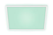 Rechteckige LED-Deckenleuchte mit weißem Rahmen, von unten betrachtet, leuchtet in sanftem Grün.