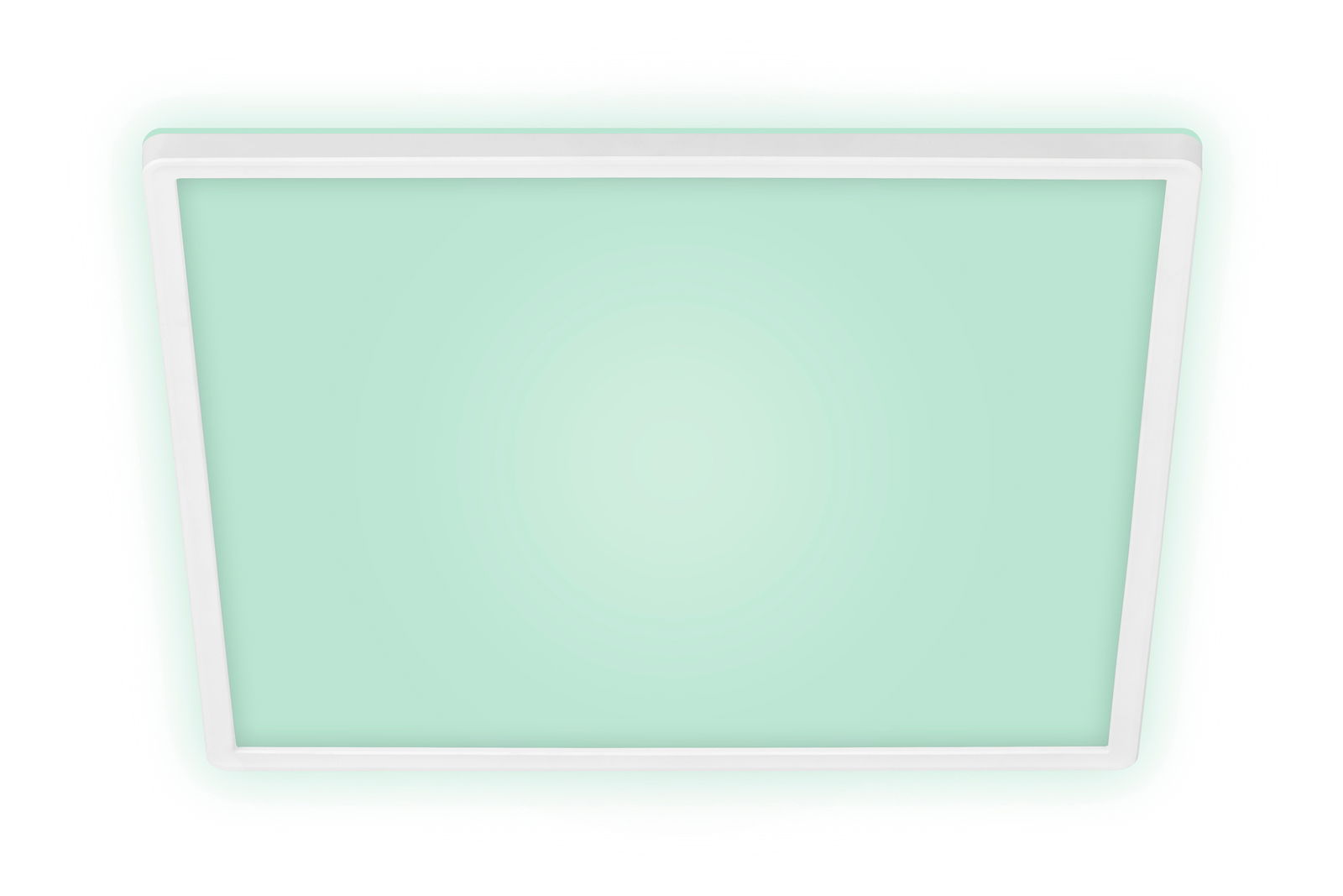 Rechteckige LED-Deckenleuchte mit weißem Rahmen, von unten betrachtet, leuchtet in sanftem Grün.