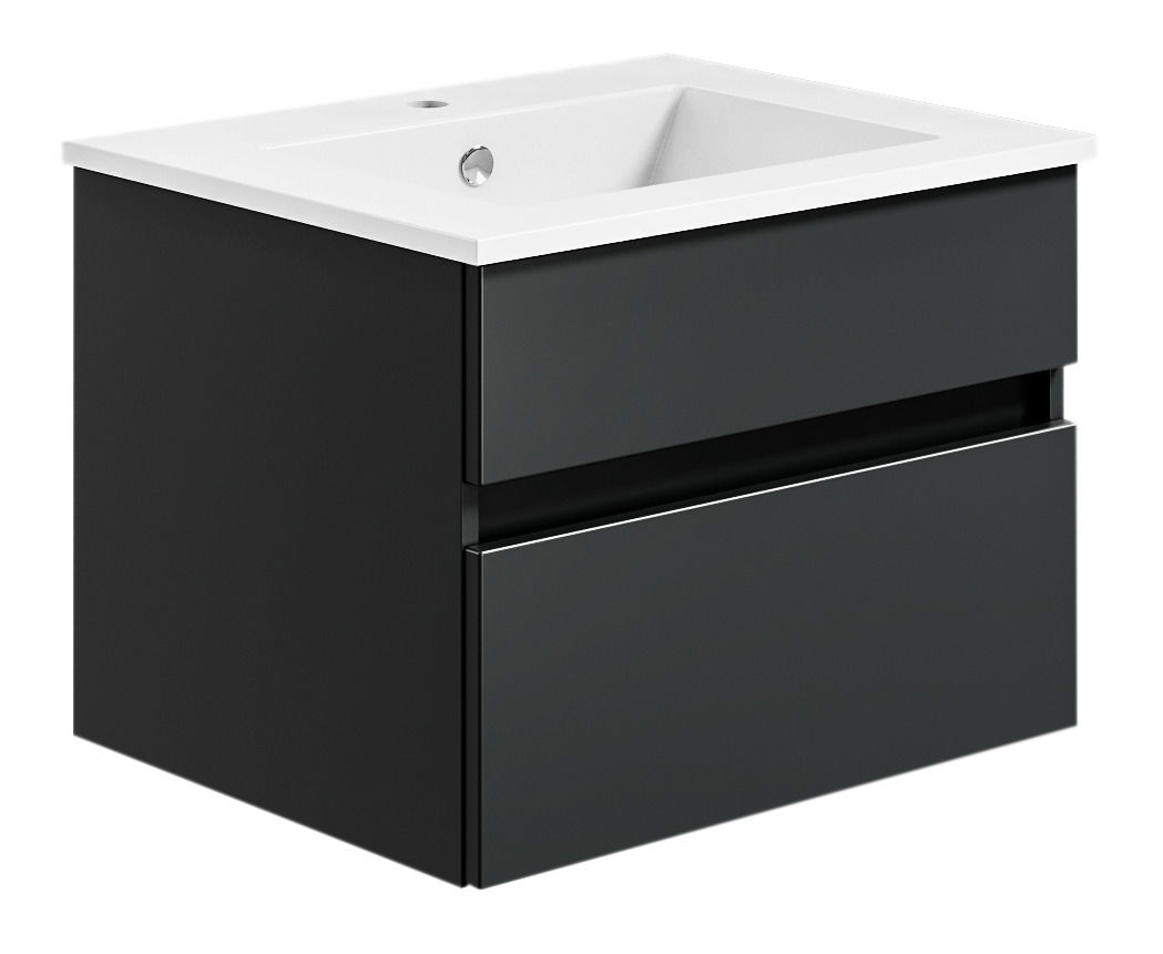 Moderne Badkombination mit schwarzem Unterschrank und weißem Waschbecken, seitliche Perspektive
