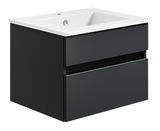 Moderne Badkombination mit schwarzem Unterschrank und weißem Waschbecken, seitliche Perspektive