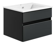 Moderne Badkombination mit schwarzem Unterschrank und weißem Waschbecken, seitliche Perspektive